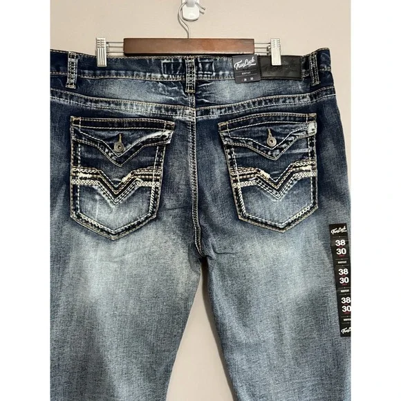 True Luck Mens Bootcut Jeans Flap Pockets Thick Stitch Western Embroidered 38x30 - Picture 6 of 16